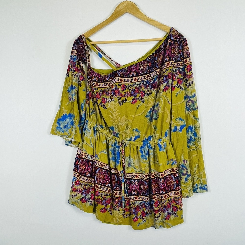 Free People Women Medium Dress Green Floral Boho Off Shoulder Blouson Mini Artsy